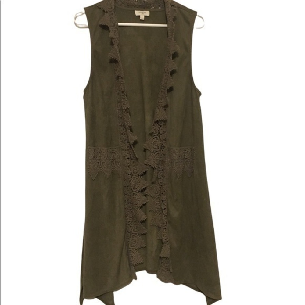 Umgee | Crocheted edge Green Sleeveless Duster open front Cardigan Suede feel